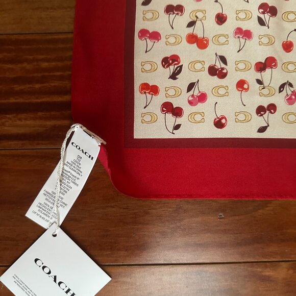 COACH SCULPTED C CHERRIES PRINT SILK BANDANA SCARF:NWT CDG76 CHALK/RED - Picture 6 of 9